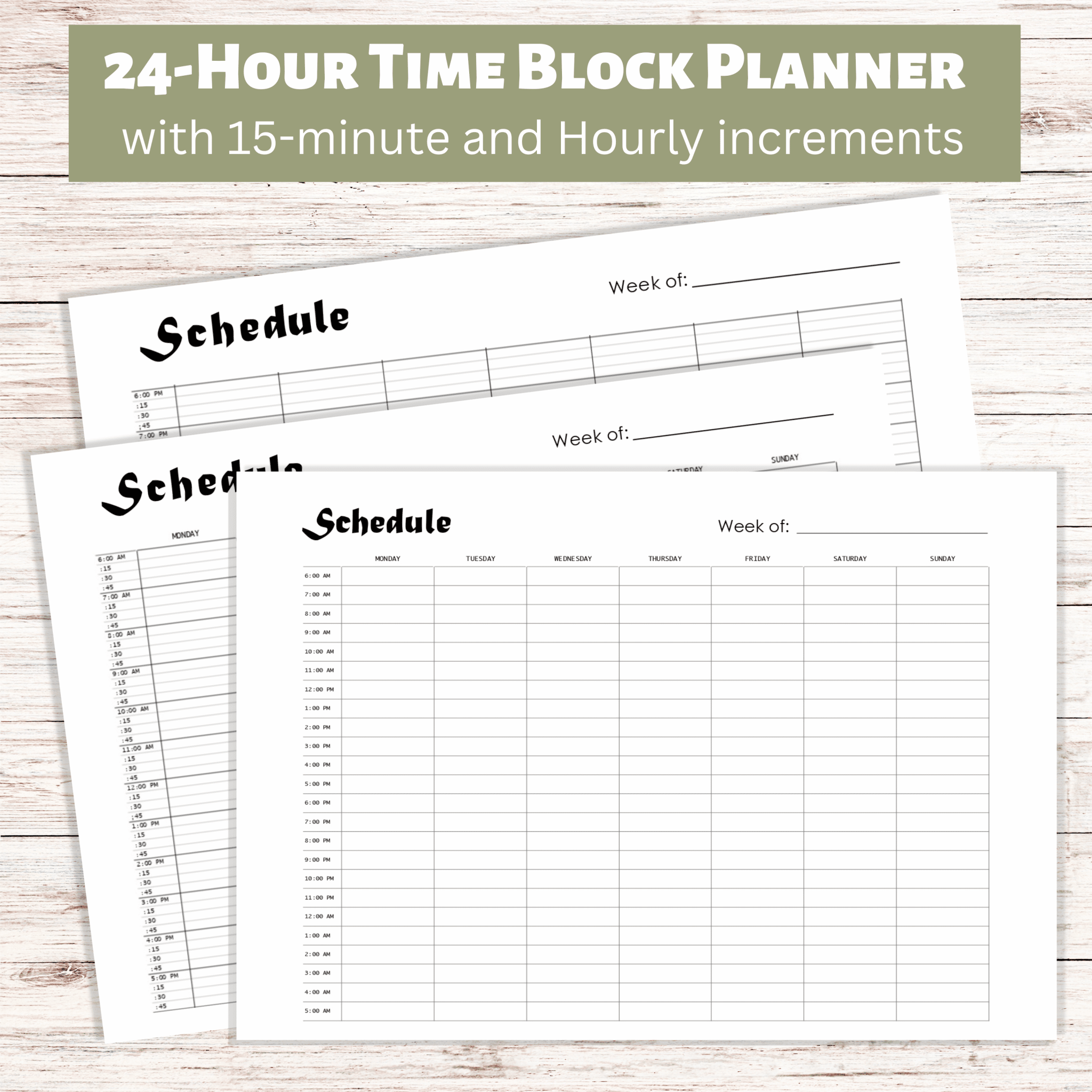 time block planner with 15- minute increment