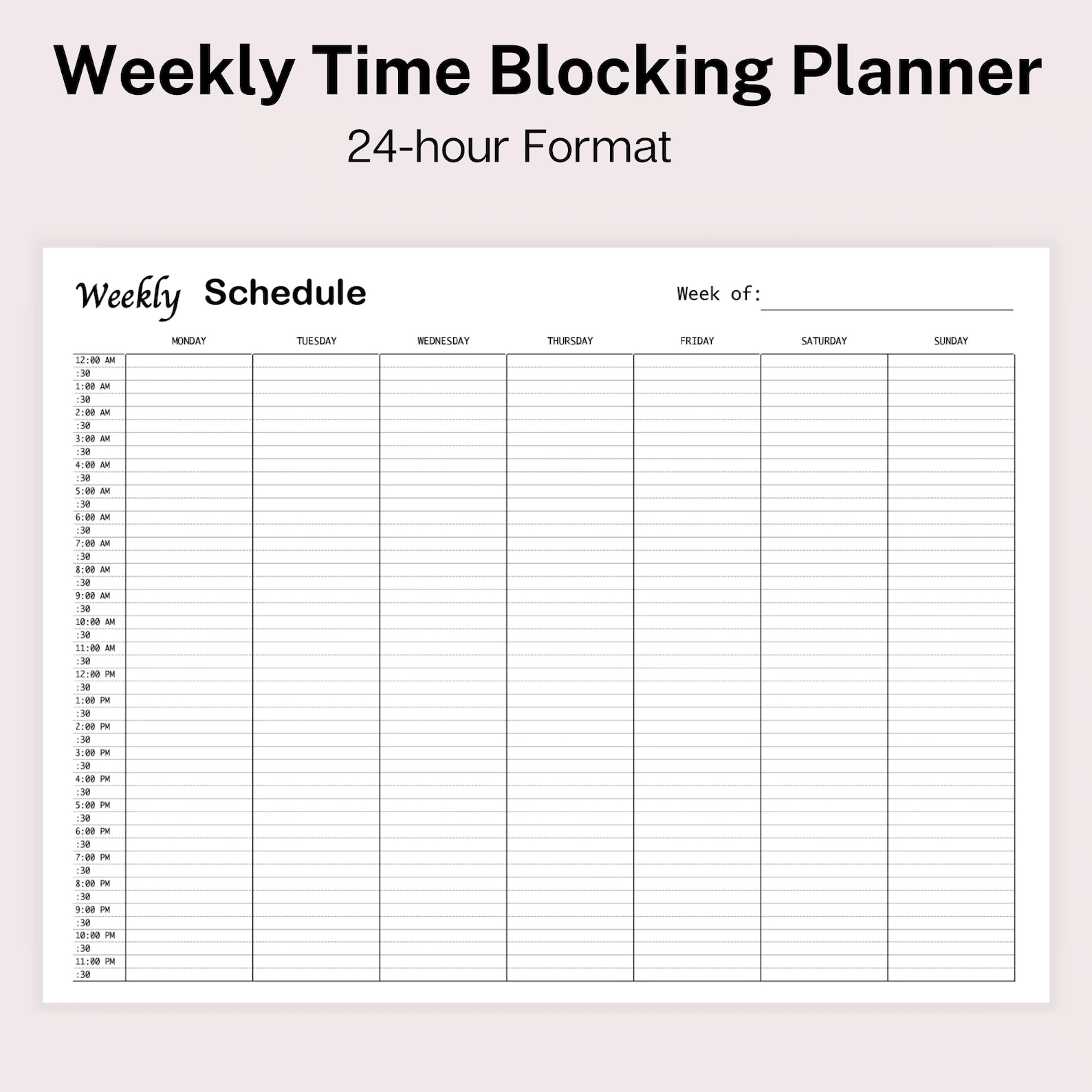 Printable 24 hour Weekly Planner With 30 minute Time Increment StriveZen